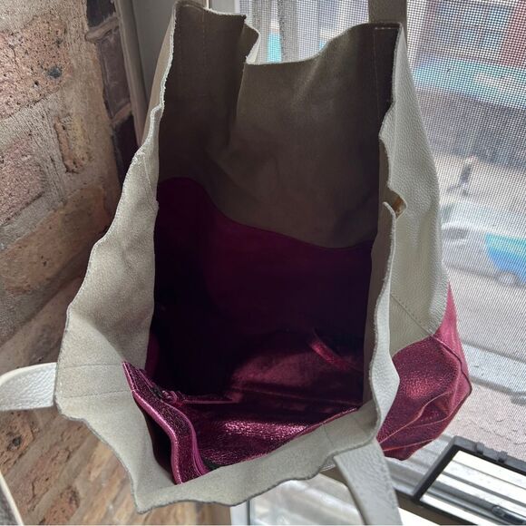 Anthropologie Leather Tote | Pink Glitter and White | Removable Glitter Pouch - Picture 2 of 5
